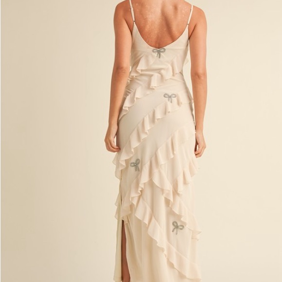 Cream Satin Ruffle Gown w/ Silver Crystal Bows – Romantic Maxi Slip Dress - Picture 8 of 9